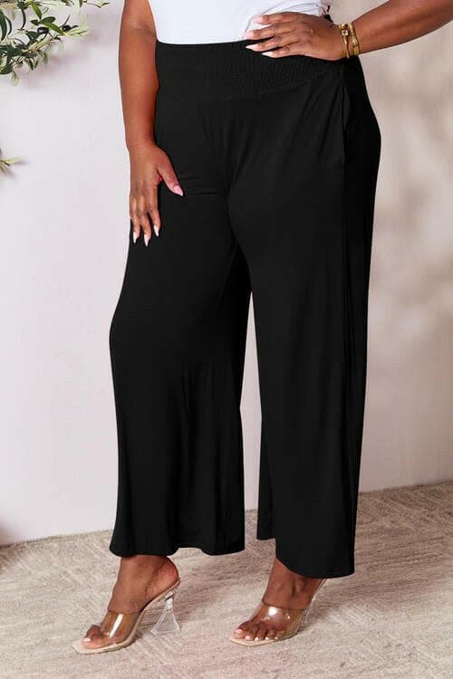 Flared Rayon Blend Wide Leg Pants with Smocked Elastic Waistband - Love Salve