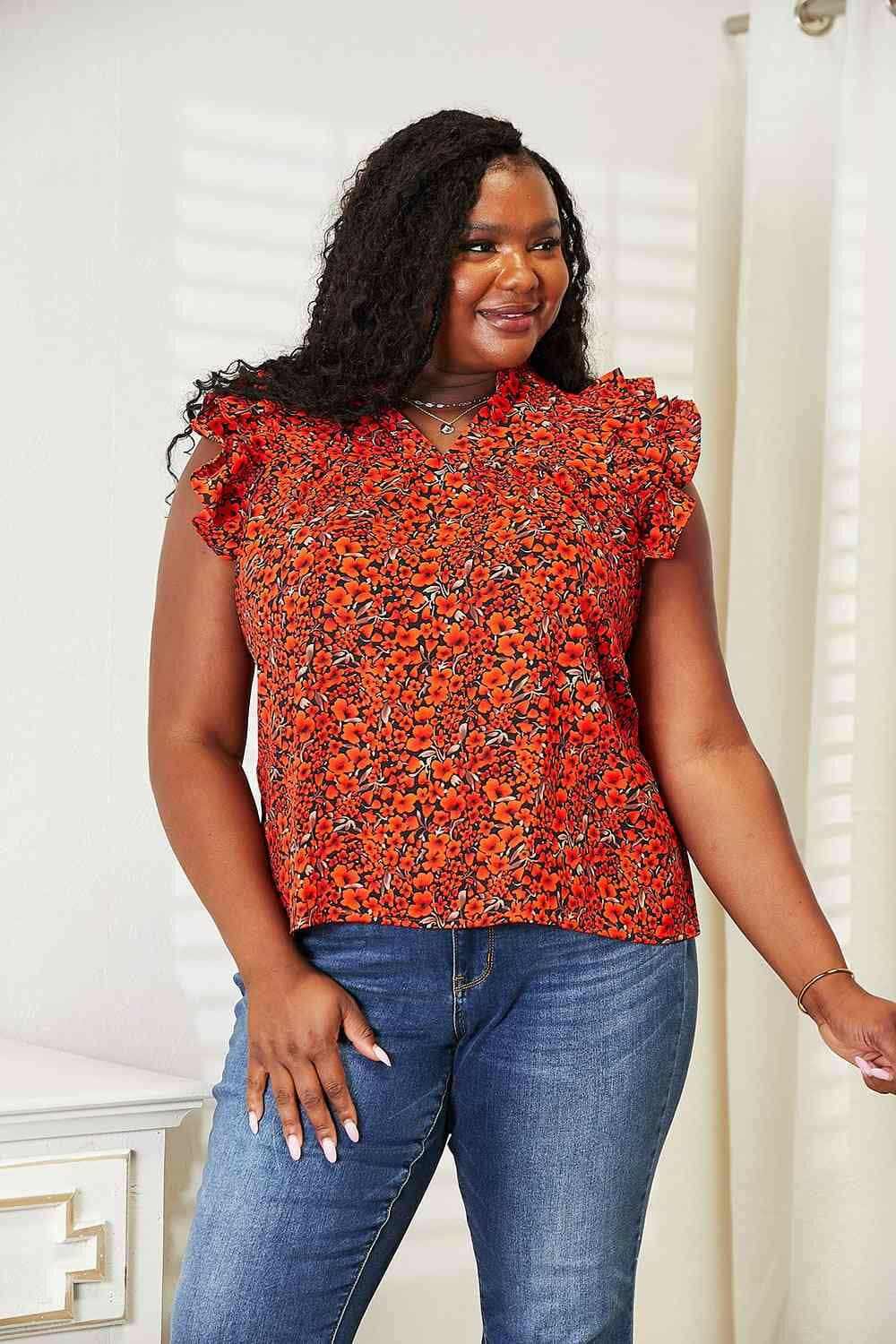 Floral Flutter Sleeve Notched Neck Blouse with Double Take - Love Salve