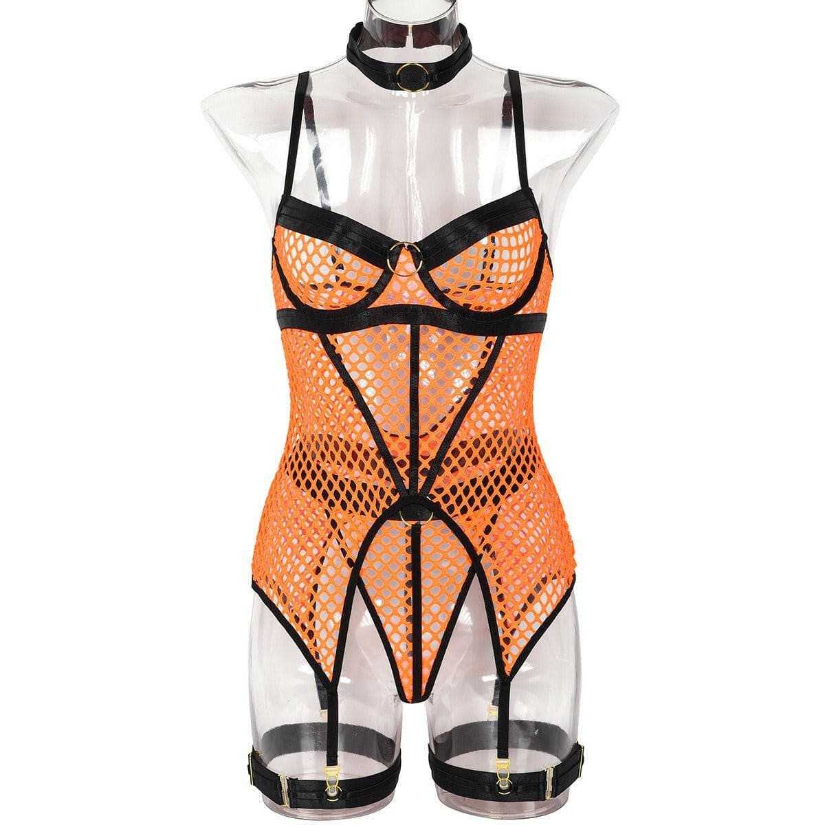 Fun Skirt 3 Piece Set of Quick Selling Popular Large Mesh Splice with Steel Ring Hanging Neck and Leg Ring Underwear 3367 - Love Salve 