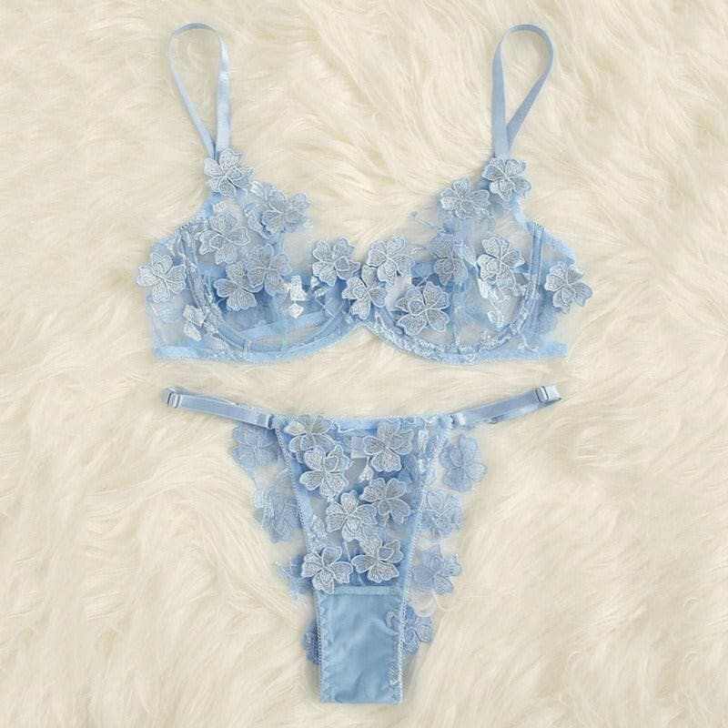 Funny Underwear Set Women's Sexy Sweet Mesh Embroidery Flower Decal - Love Salve