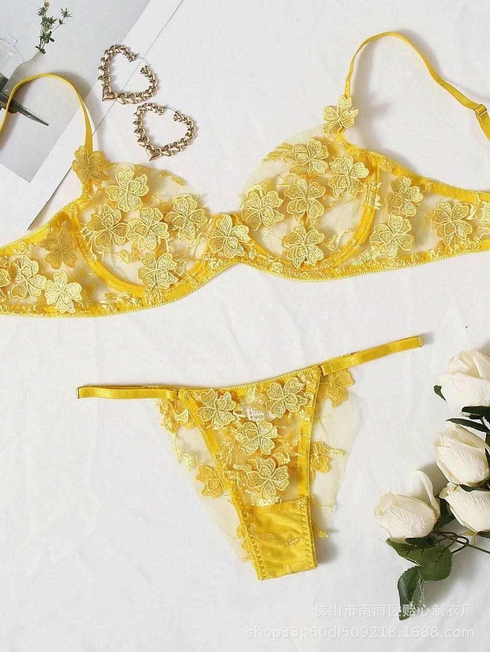 Funny Underwear Set Women's Sexy Sweet Mesh Embroidery Flower Decal - Love Salve