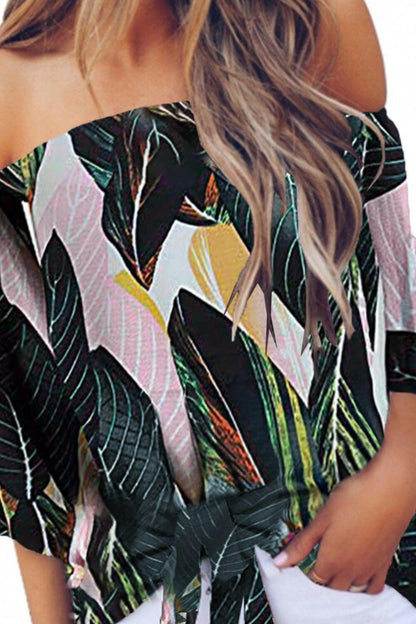 Off-Shoulder Blouse with Tied Print and Half Sleeves - Love Salve