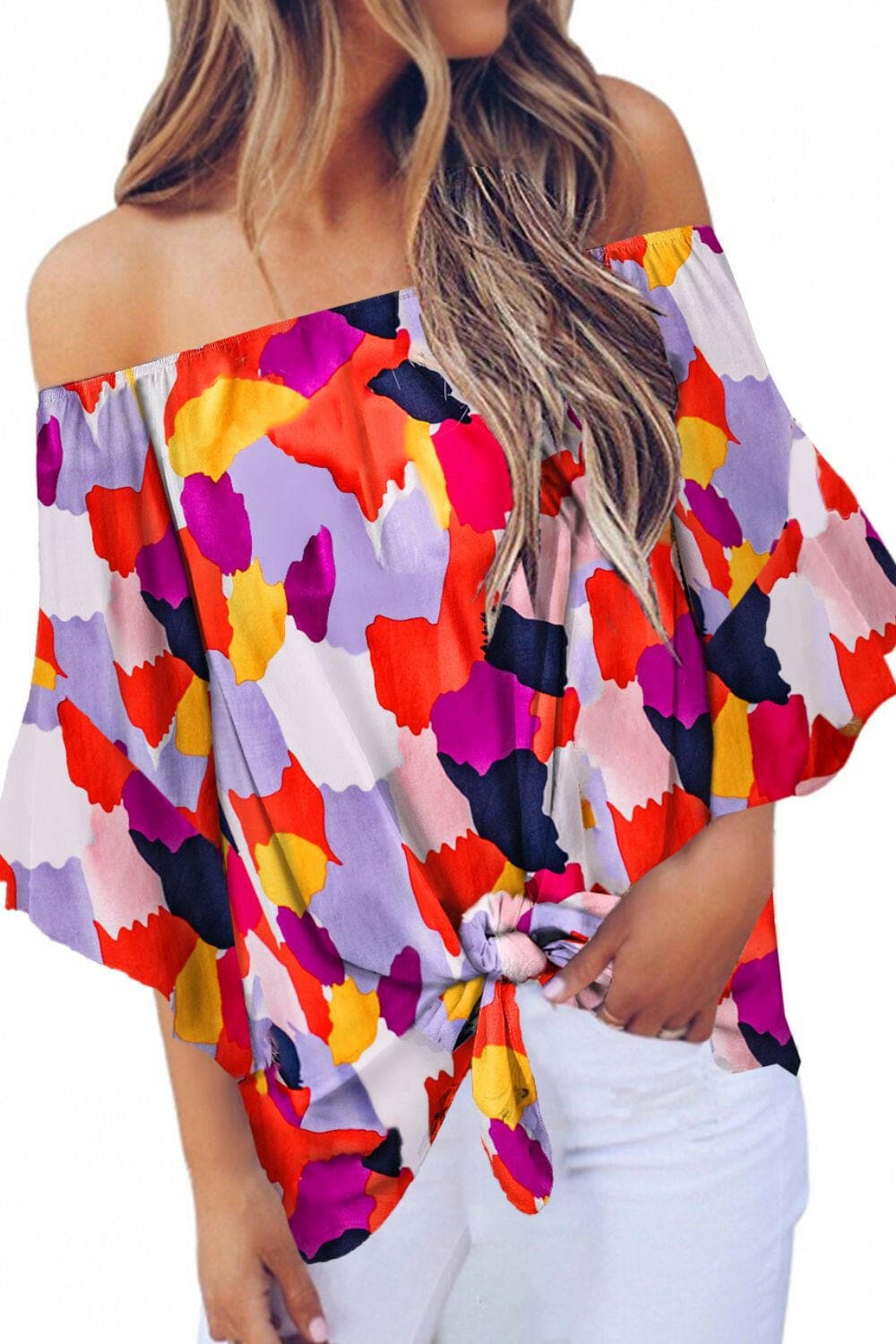 Off-Shoulder Blouse with Tied Print and Half Sleeves - Love Salve