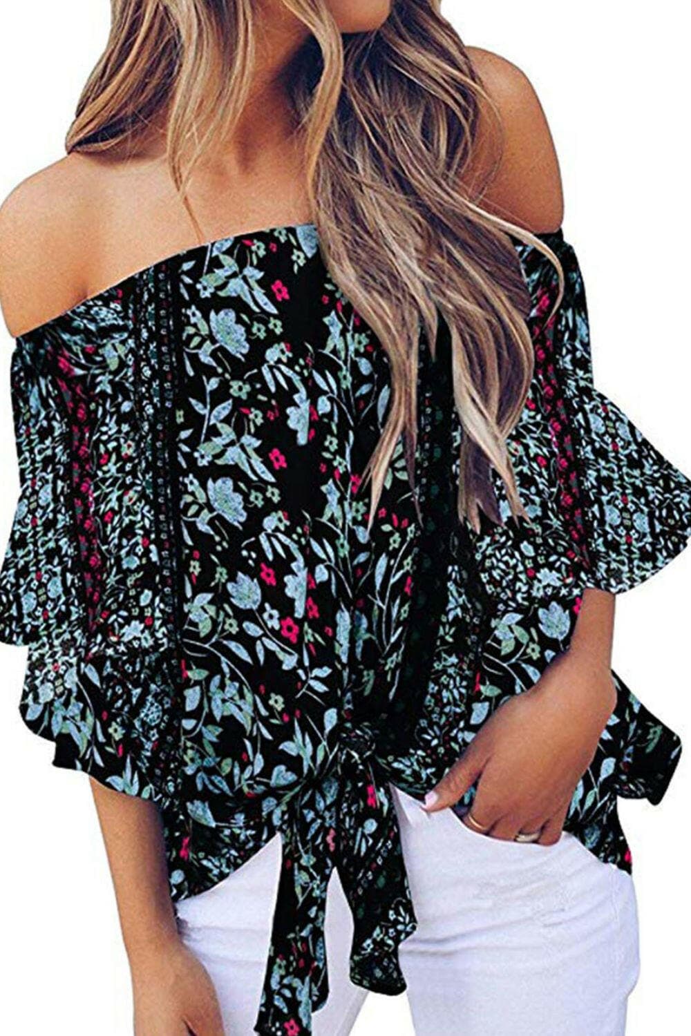 Off-Shoulder Blouse with Tied Print and Half Sleeves - Love Salve