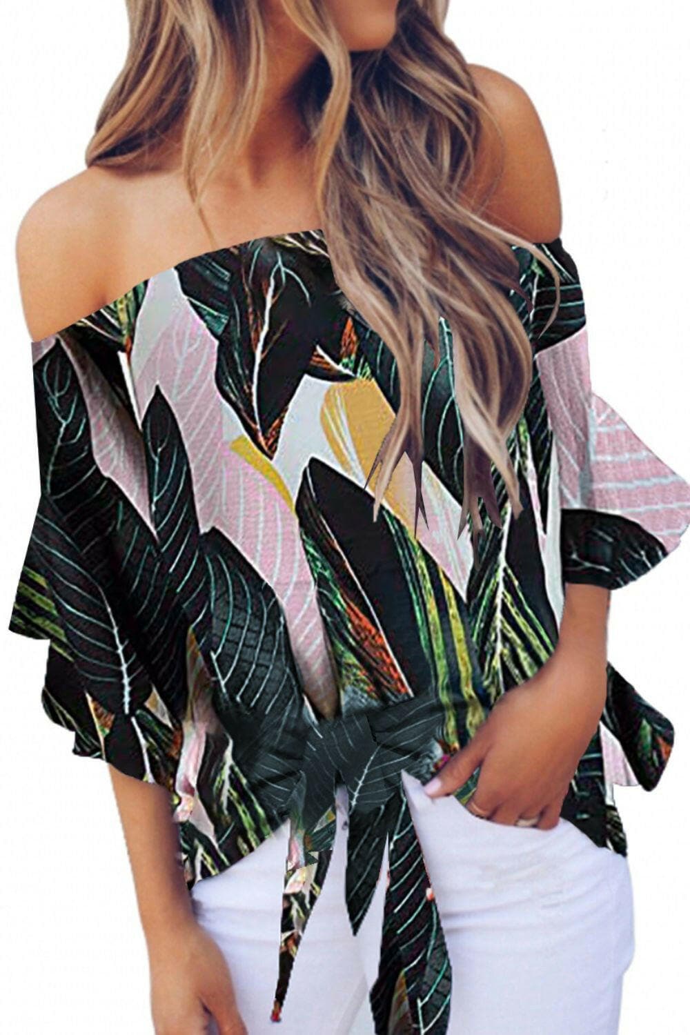 Off-Shoulder Blouse with Tied Print and Half Sleeves - Love Salve