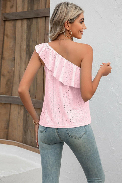 Eyelet One-Shoulder Ruffled TankStand Out in Style with Our Eyelet One-Shoulder Ruffled Tank
 
 
Unique Design: Make a statement with the trendy one-shoulder style and eyelet embellishments that brLove Salve -Shoulder Ruffled TankApparel