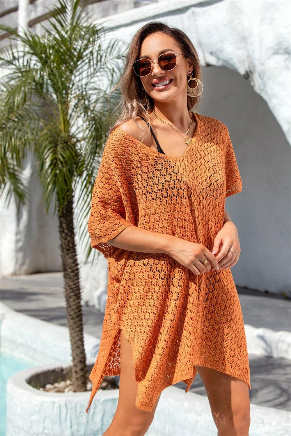 Openwork Sheer Slit Neck Cover Up - Love Salve