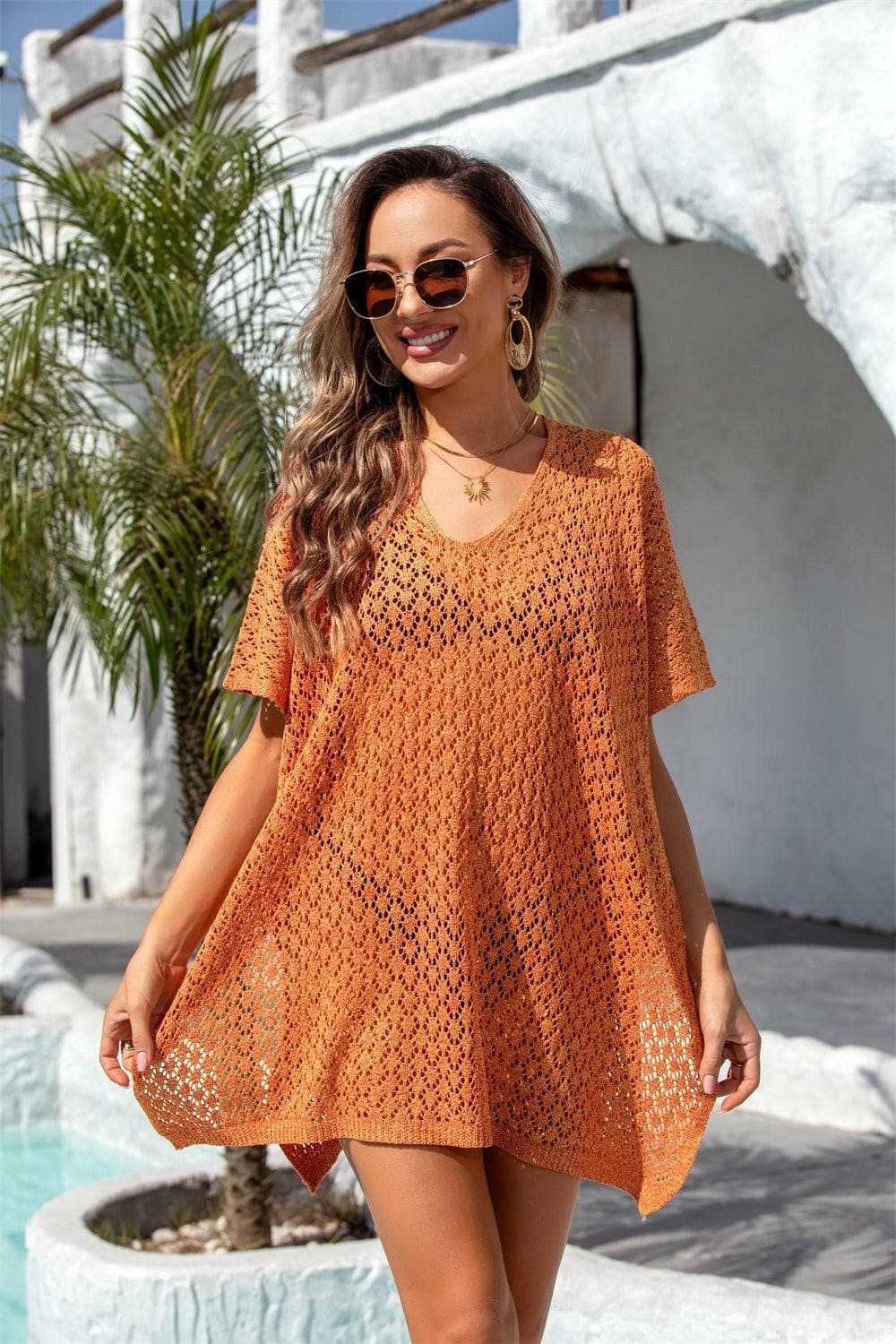 Openwork Sheer Slit Neck Cover Up - Love Salve