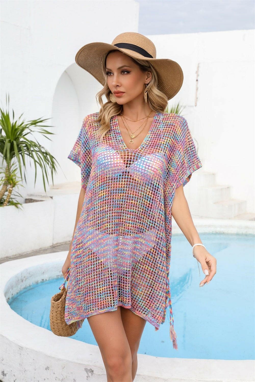 Openwork Sheer V-Neck Cover Up with Slit - Love Salve