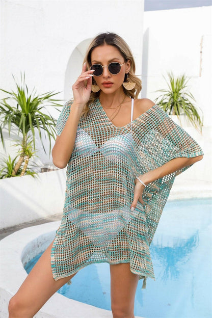 Openwork Sheer V-Neck Cover Up with Slit - Love Salve