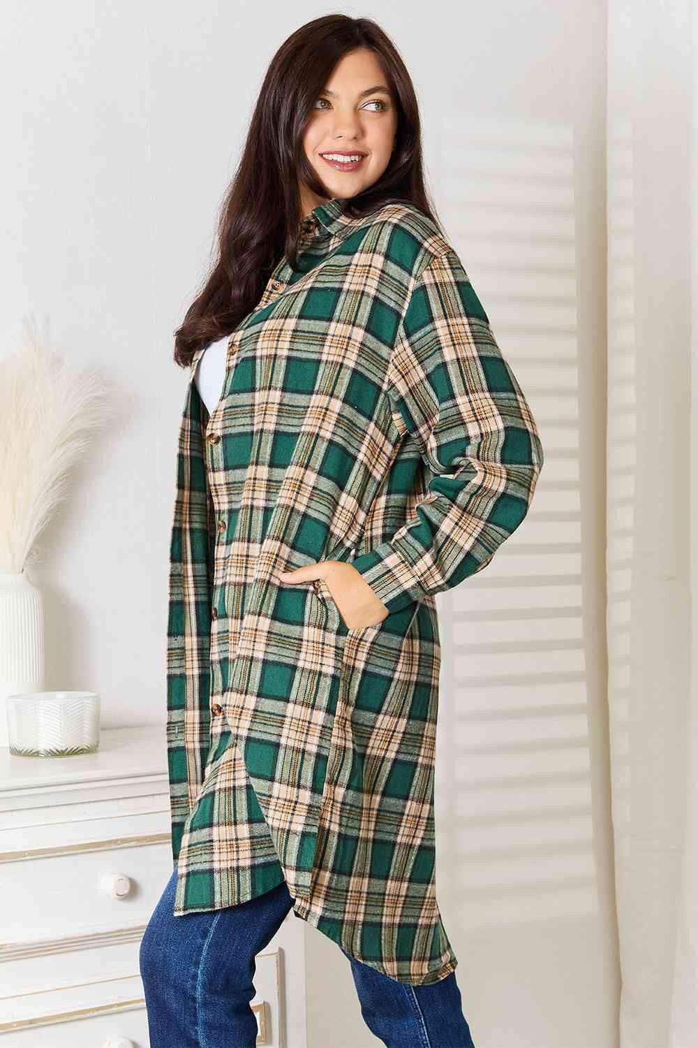 Plaid Collared Neck Long Sleeve Shirt with a Twist - Love Salve