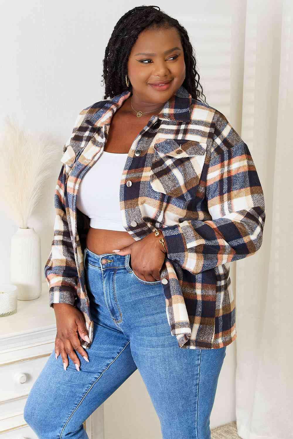 Plaid Shirt Jacket with Breast Pockets and Dropped Shoulders - Love Salve