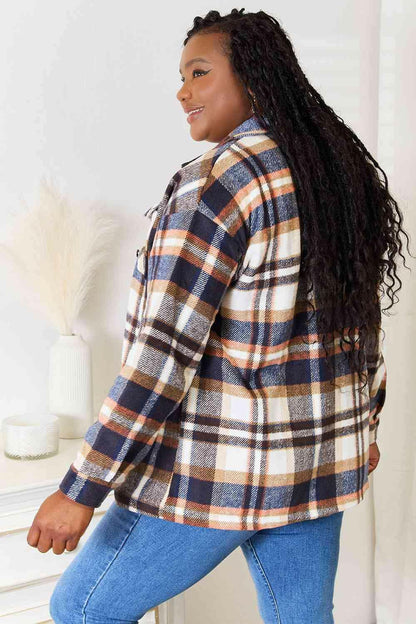 Plaid Shirt Jacket with Breast Pockets and Dropped Shoulders - Love Salve