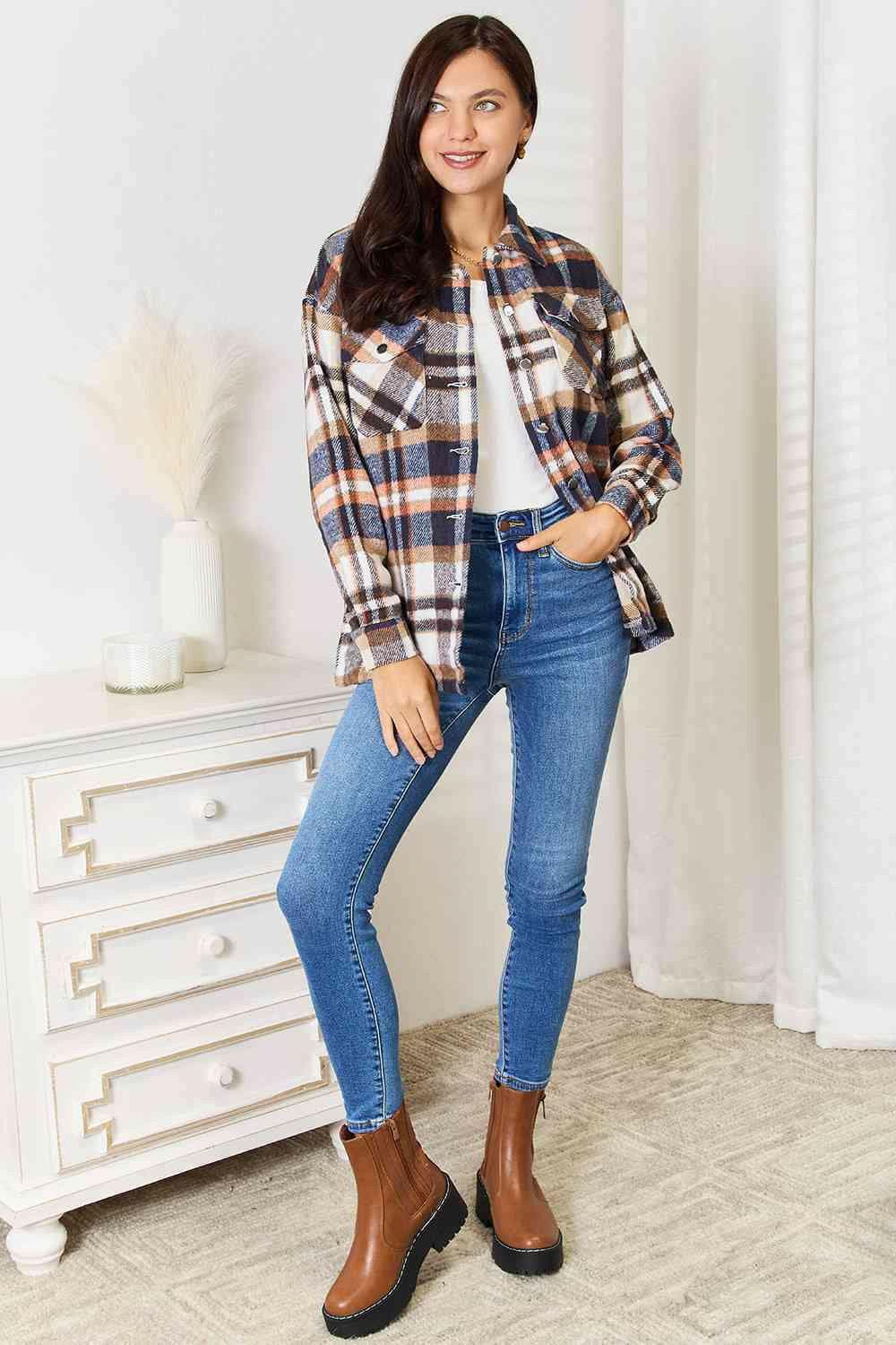 Plaid Shirt Jacket with Breast Pockets and Dropped Shoulders - Love Salve