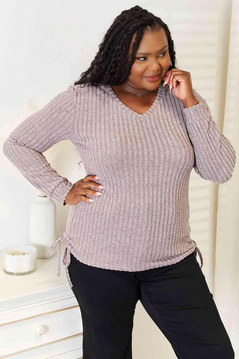 Ribbed Long Sleeve T-Shirt with Drawstring Detail - Love Salve