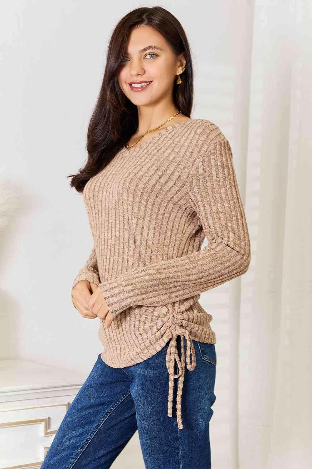 Ribbed Long Sleeve T-Shirt with Drawstring Detail - Love Salve