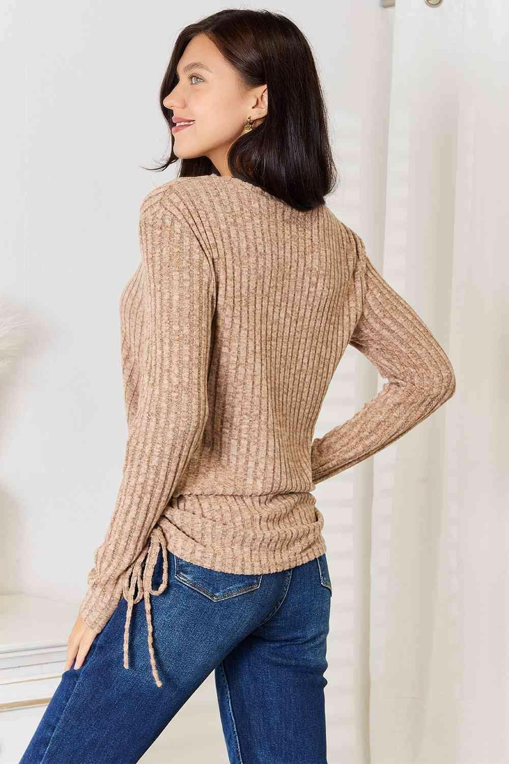 Ribbed Long Sleeve T-Shirt with Drawstring Detail - Love Salve