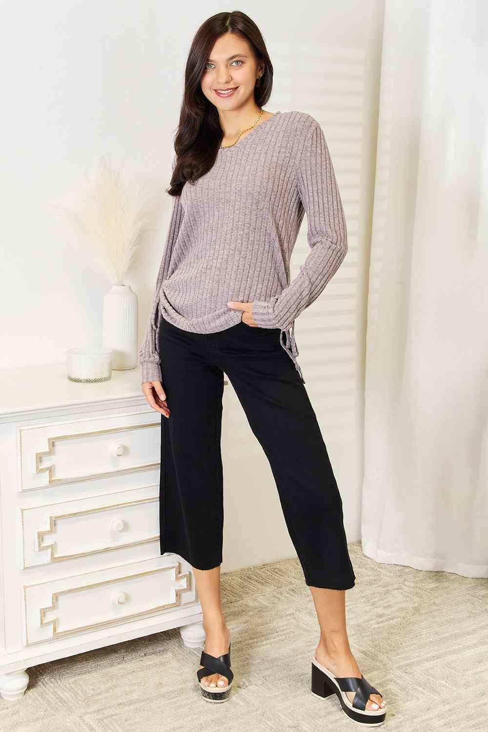 Ribbed Long Sleeve T-Shirt with Drawstring Detail - Love Salve