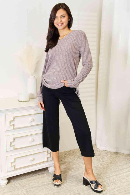 Ribbed Long Sleeve T-Shirt with Drawstring Detail - Love Salve