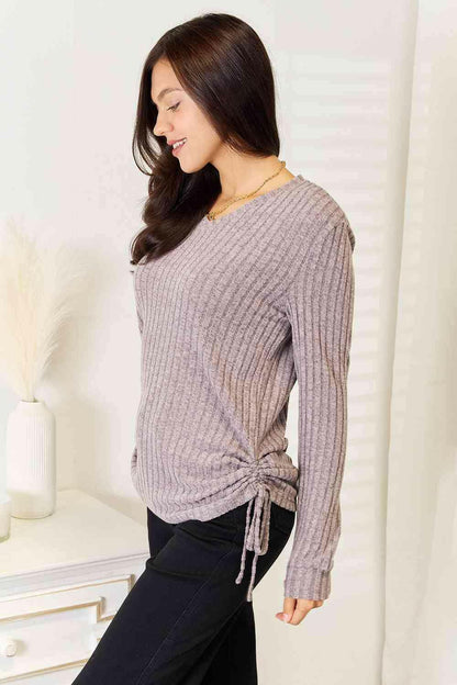 Ribbed Long Sleeve T-Shirt with Drawstring Detail - Love Salve