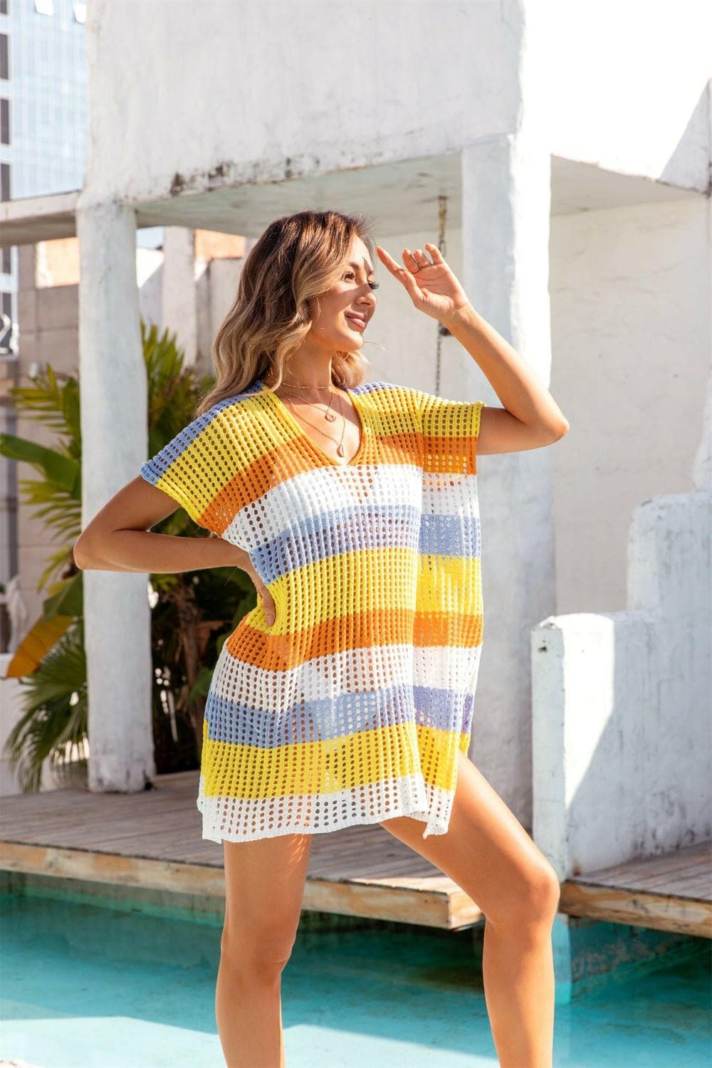 Sheer Striped V-Neck Short Sleeve Cover Up with Openwork Detail - Love Salve