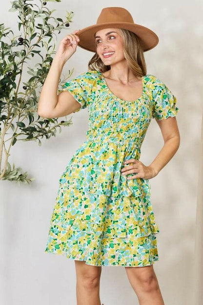 Smocked Floral Scoop Neck Flounce Sleeve Mini Dress - Love Salve