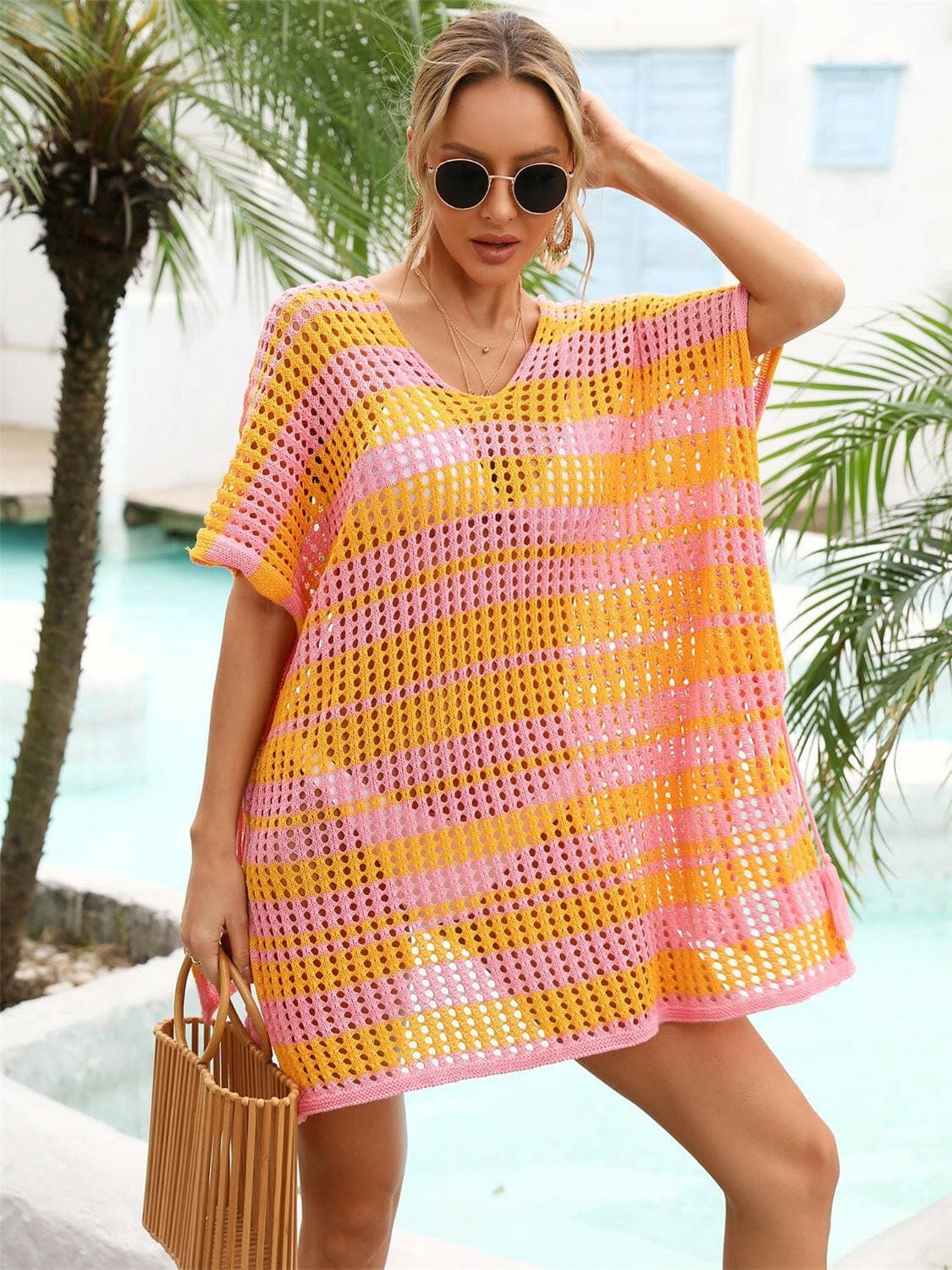 Striped V-Neck Tassel Sheer Cover Up with Openwork Detail - Love Salve