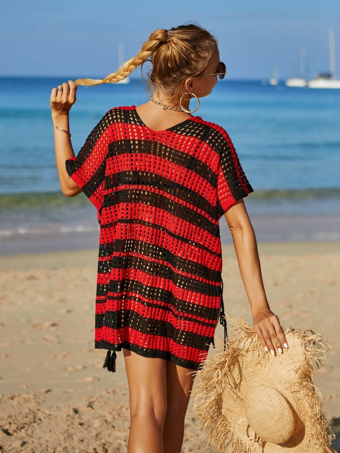 Striped V-Neck Tassel Sheer Cover Up with Openwork Detail - Love Salve