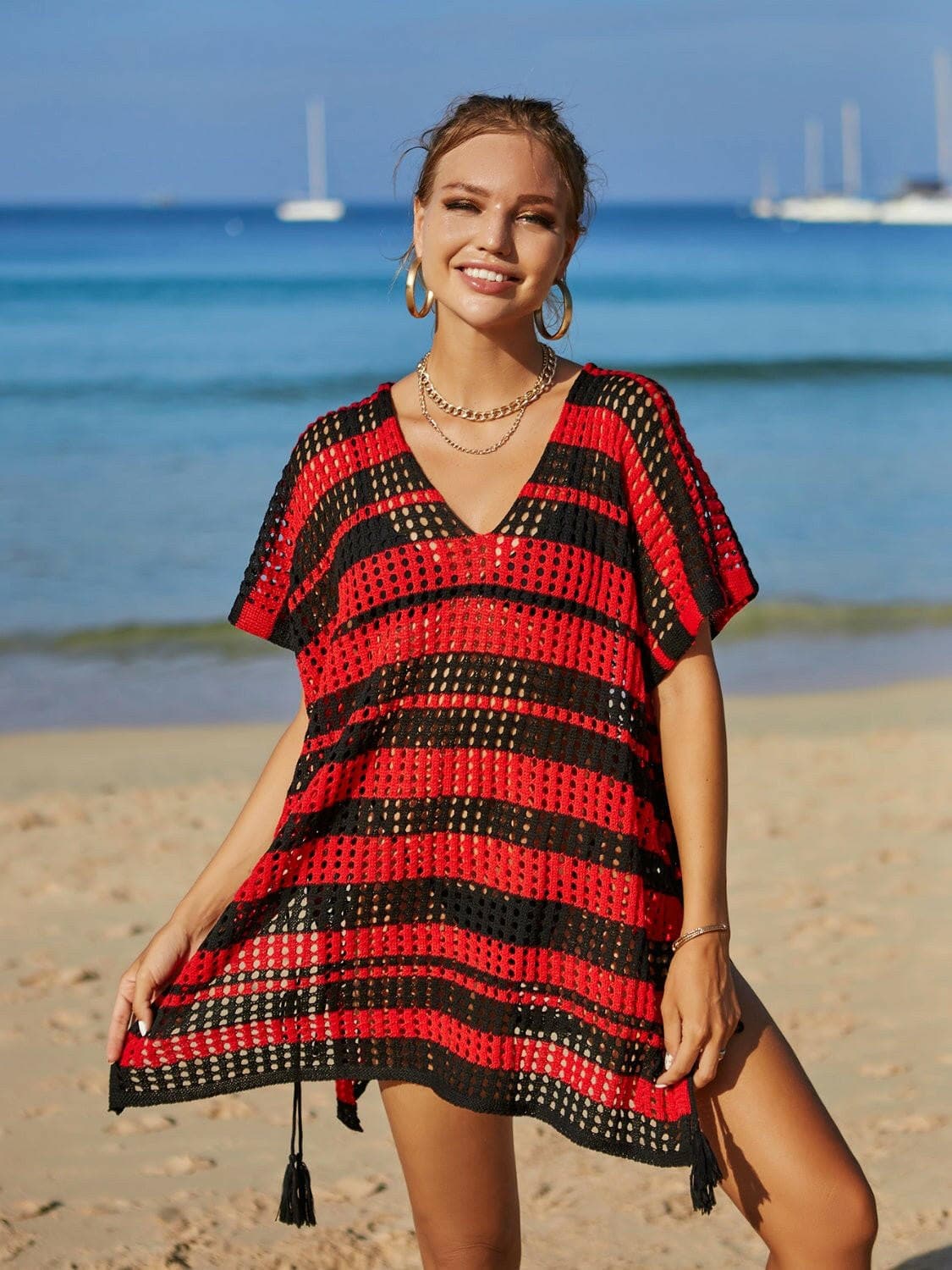 Striped V-Neck Tassel Sheer Cover Up with Openwork Detail - Love Salve