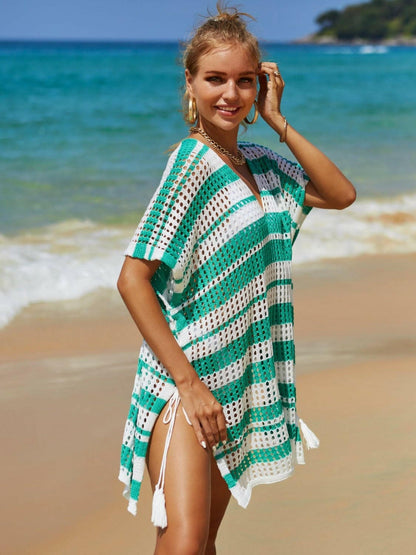 Striped V-Neck Tassel Sheer Cover Up with Openwork Detail - Love Salve