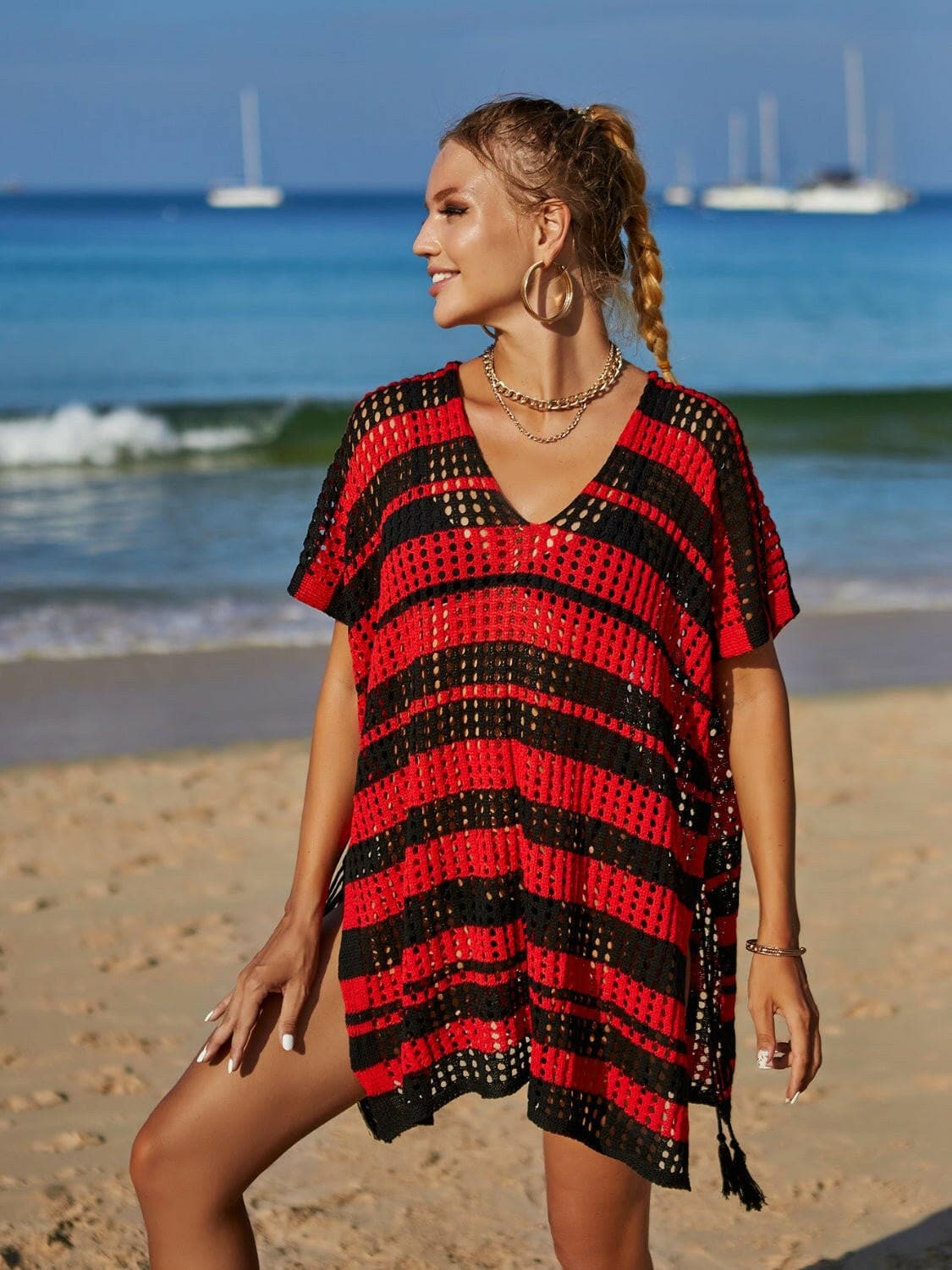 Striped V-Neck Tassel Sheer Cover Up with Openwork Detail - Love Salve