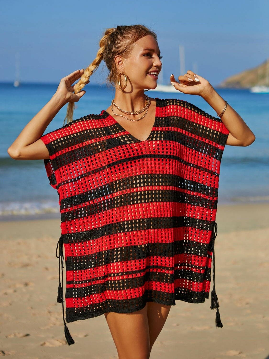 Striped V-Neck Tassel Sheer Cover Up with Openwork Detail - Love Salve