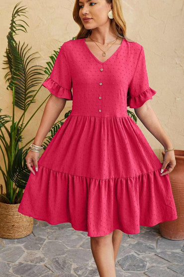 Swiss Dot V-Neck Tiered Dress with Ruffles - Love Salve